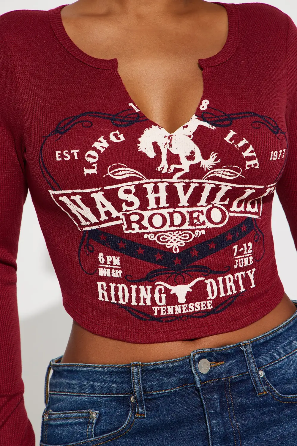 Nashville Rodeo Waffle Long Sleeve Tee - Brick Red