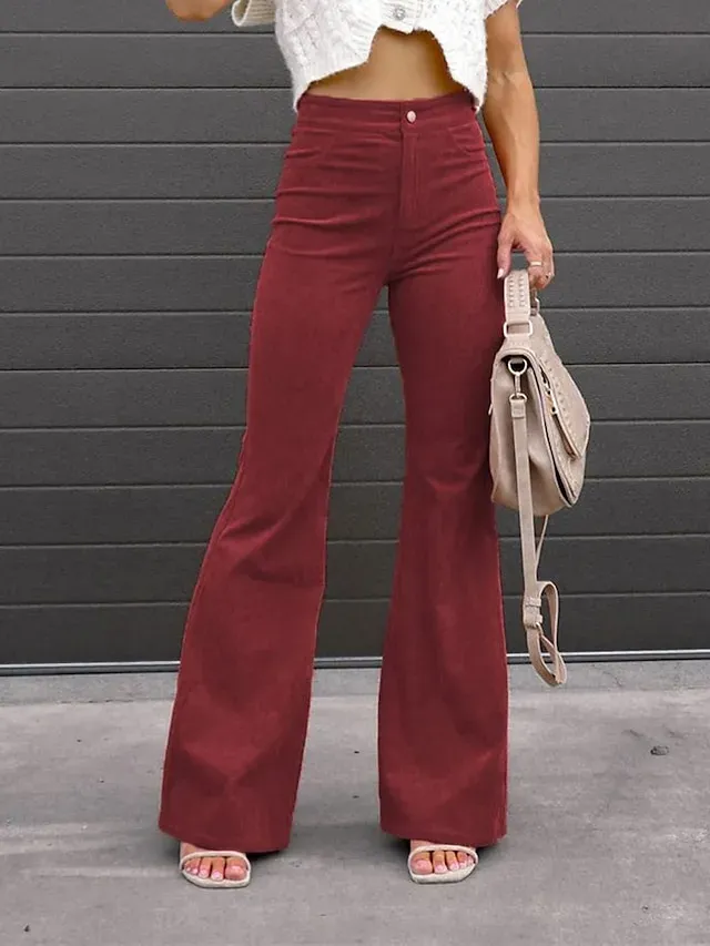 Women‘s Bell Corduroy Flare Pants Bottom Trousers Full Length Pocket High Waist Fashion Streetwear Xmas Wine Black S M Winter Autumn Fall