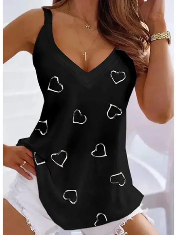 Women's Tank Top Black White Pink Heart Print Sleeveless Casual Weekend Basic V Neck Regular S