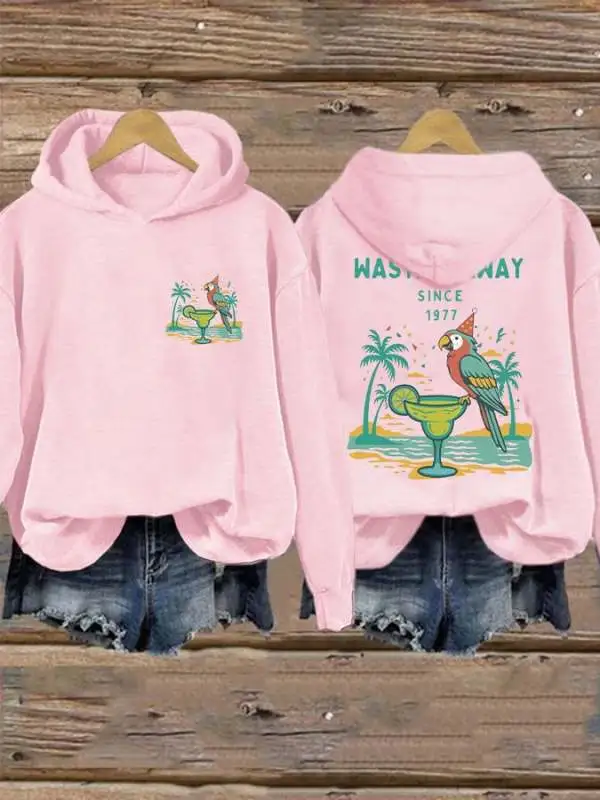 Retro Parrot Margarita Wasting Away Since 1977 Print Hoodie