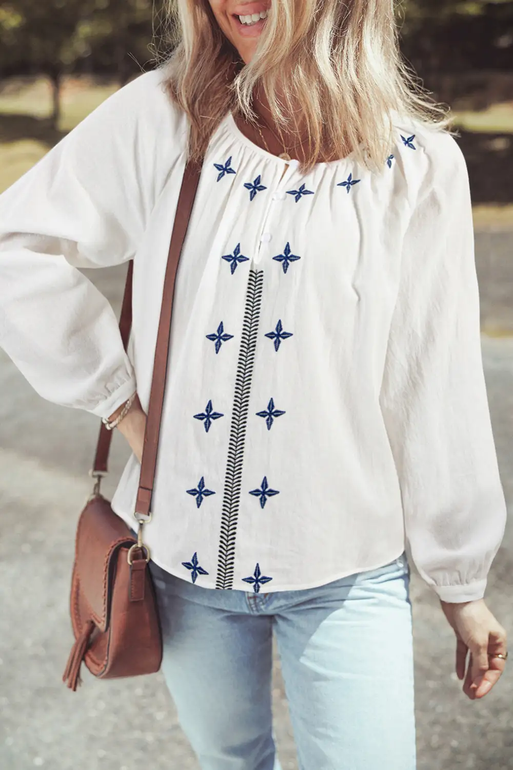 Paisley Geometric Print Embroidered Blouse