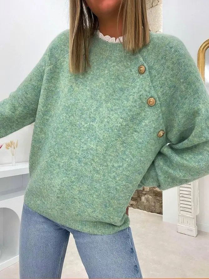 Green Plain Round Neck Sweater