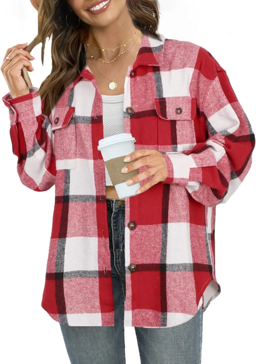 Women's Casual Plaid Flannel Shacket Jacket Oversized Button Down Long Sleeve Fall Shirts Jacket Lapel Coats Tops