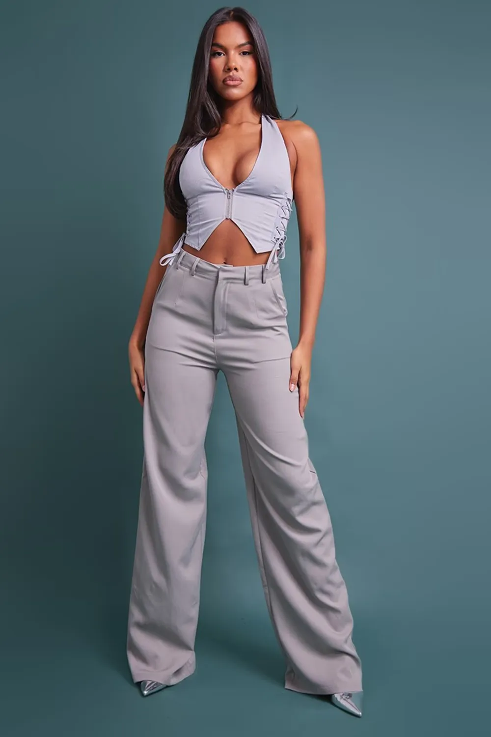 Stone Cargo Lace Up Side Zip Up Crop Top