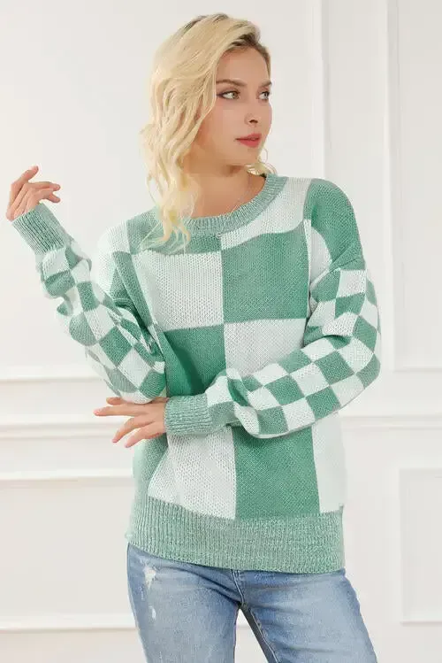Checkered Drop Shoulder Long Sleeve Sweater AC