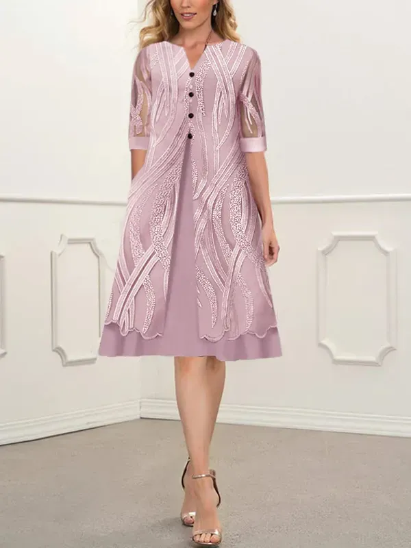 Printed V-Neck Pocket Short Sleeve Dress