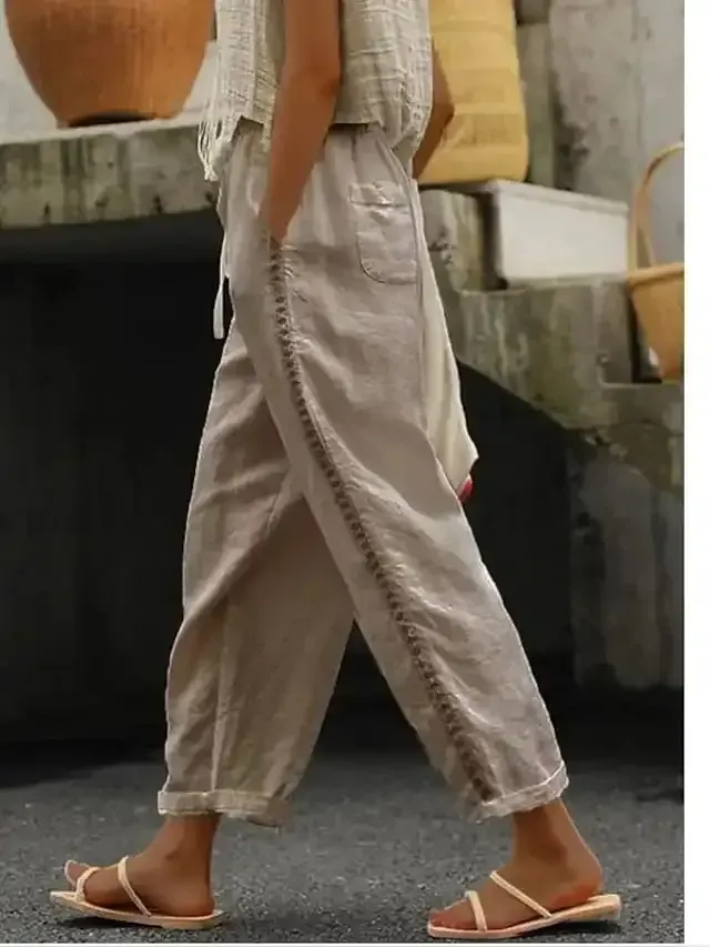 Women's Pants Trousers Faux Linen Dark Grey Camel White Fashion Casual Daily Side Pockets Ankle-Length Comfort Plain S M L XL 2XL