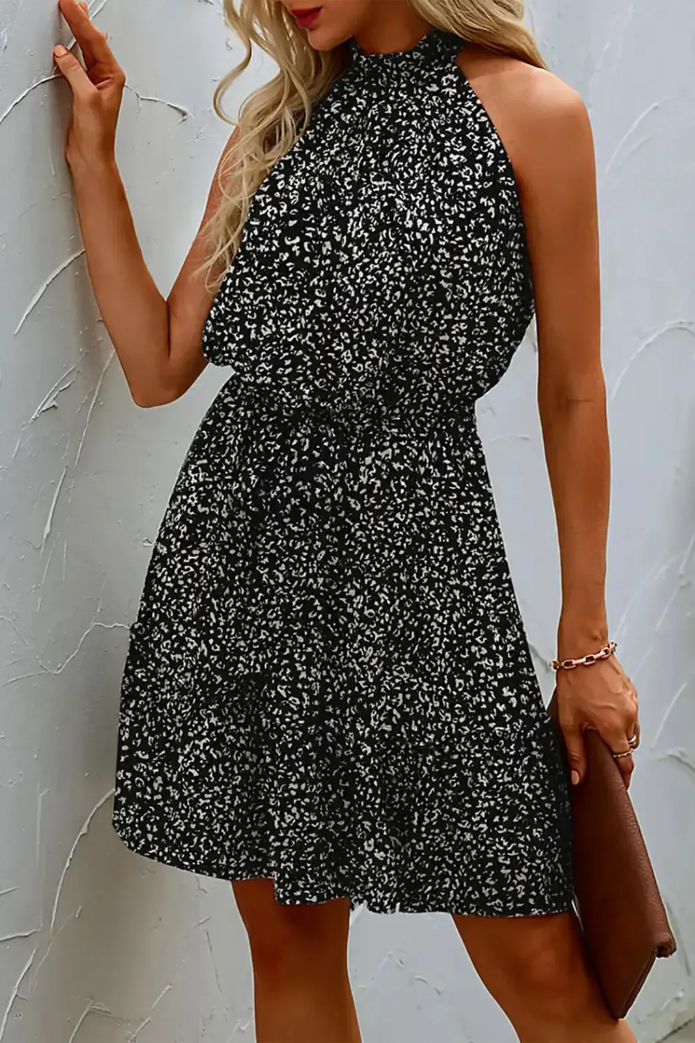 Halter Neck Summer Loose Sleeveless  Ruffle Belt Boho Floral Dress