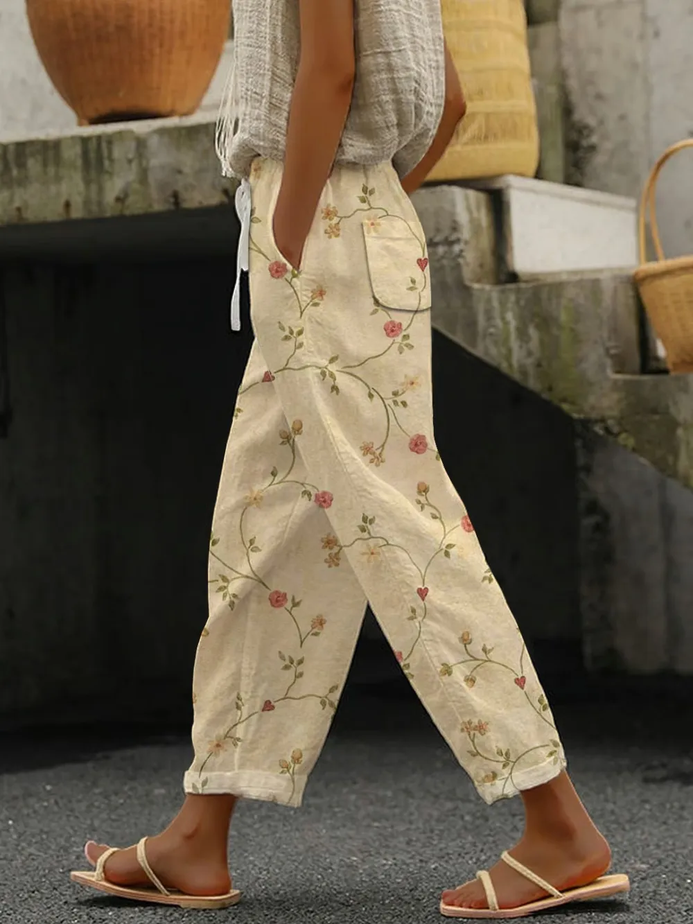 Women's casual retro floral cotton linen pants (with pockets)