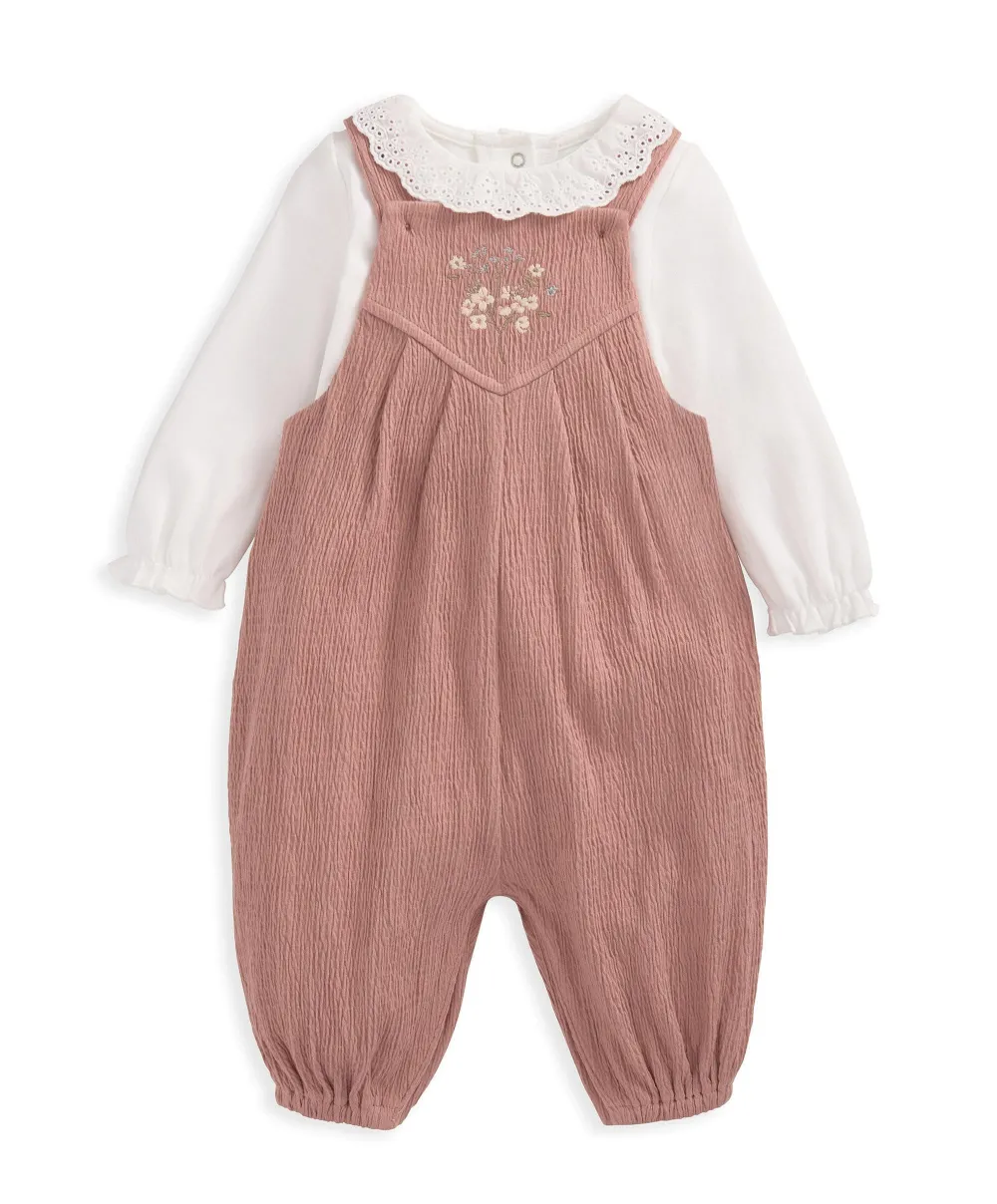 Crinkle Dungarees & Bodysuit Outfit Set - Pink