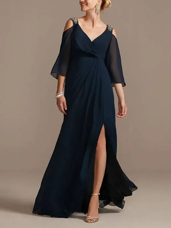 Temperament simple slit elegant bride mother dress