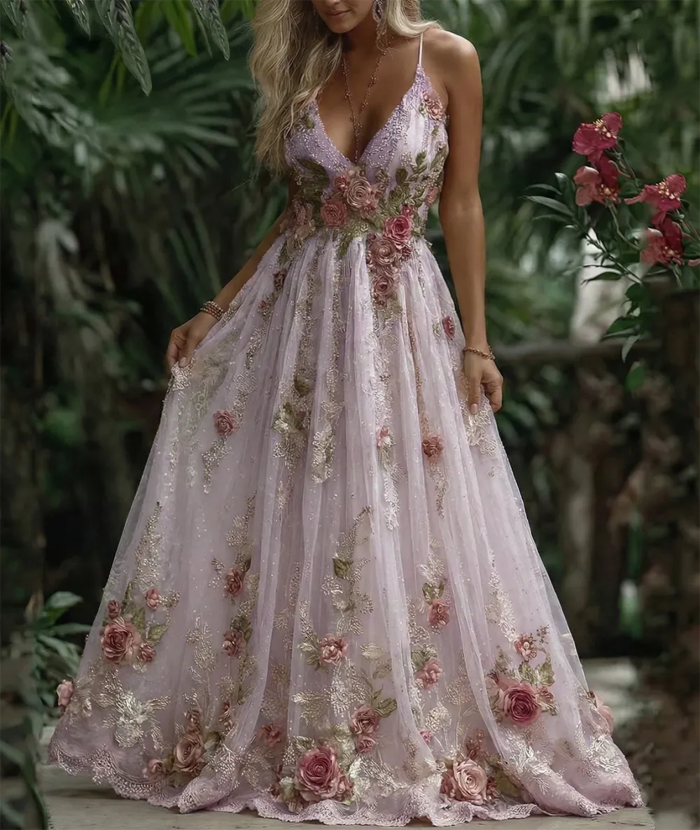 Women's Pink Rose Embroidery Art Suspender Maxi Dress