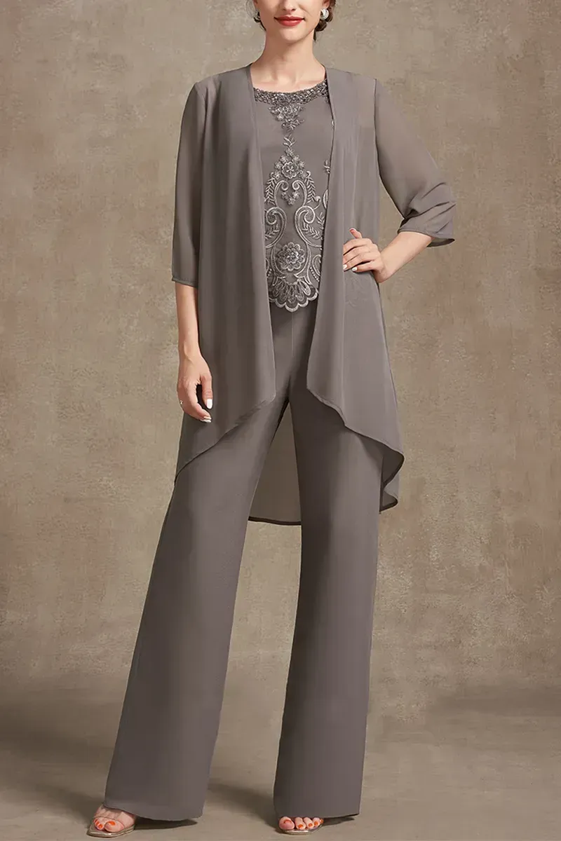 Plus Size Embroidery Chiffon Three Pieces Set Pant Suits