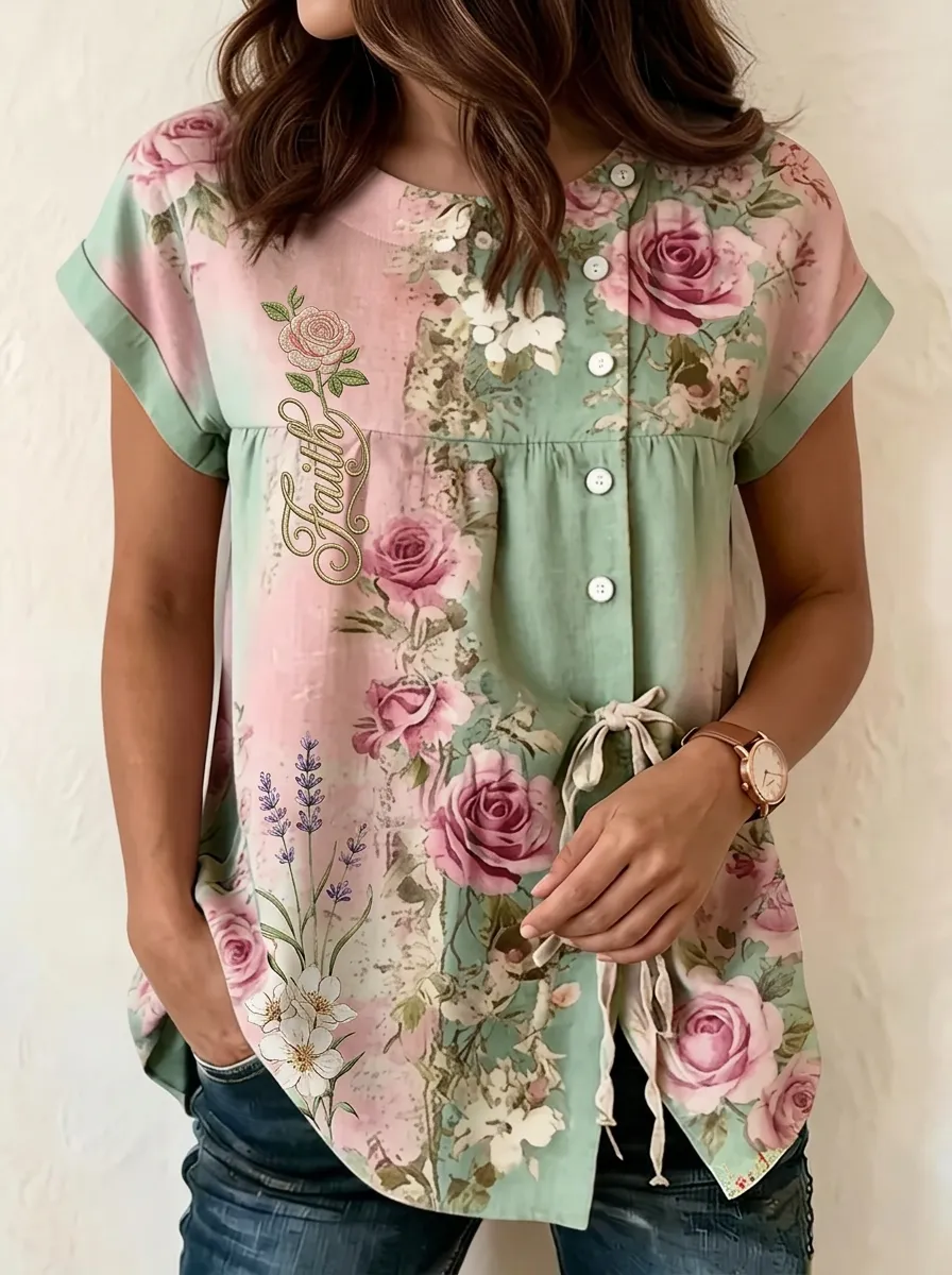 Women's Nashville Faith Floral Rose Printed Button-Up Top