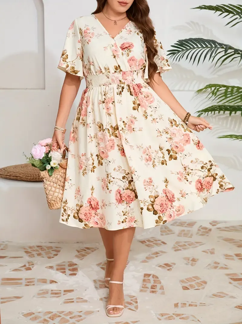 Women'S Plus Size Floral V-Neck Pencil Dress, Elegant Summer Woven Fabric with Shirred Waist Detail, 100% Polyester, Non-Stretch, 110 g/m² - Fashionable Floral Pattern