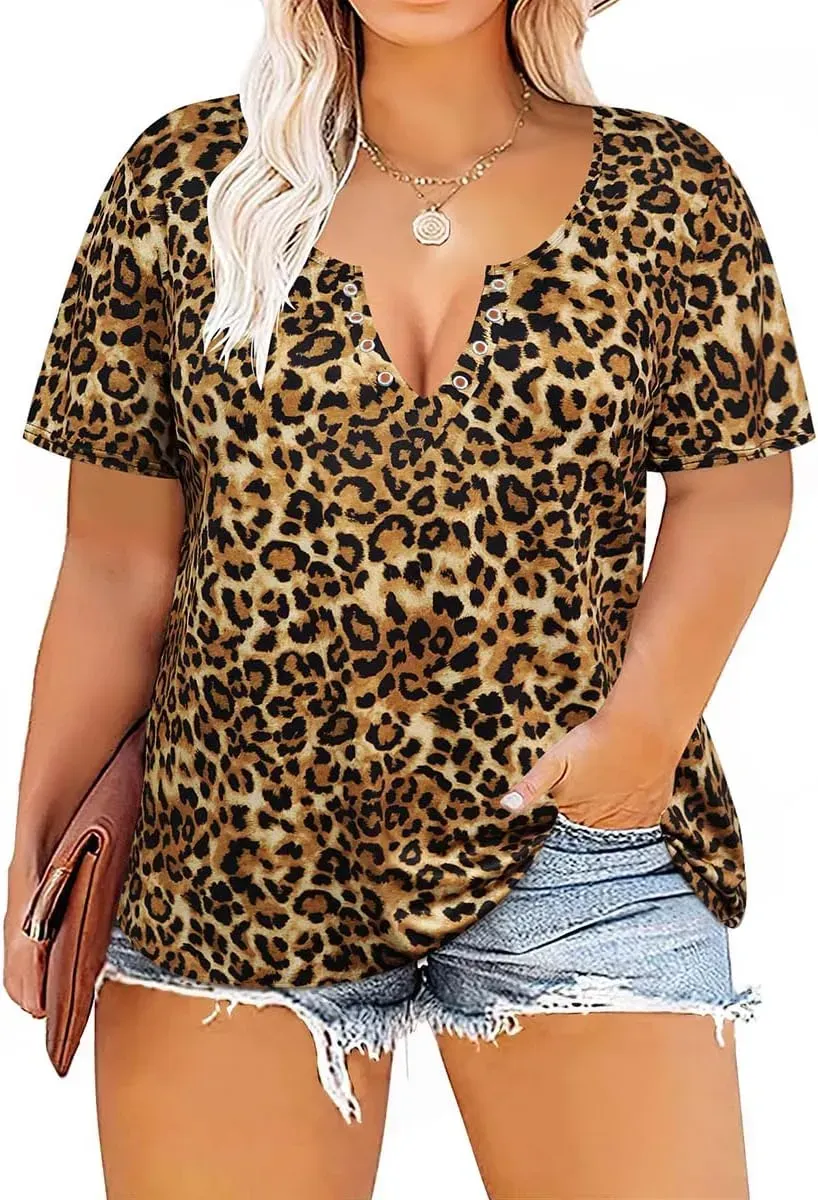 TIYOMI Plus Size T Shirt for Women Short Sleeve Tunic Cross Line Shirts Round Neck Tops Summer Blouse XL-5XL 14-28