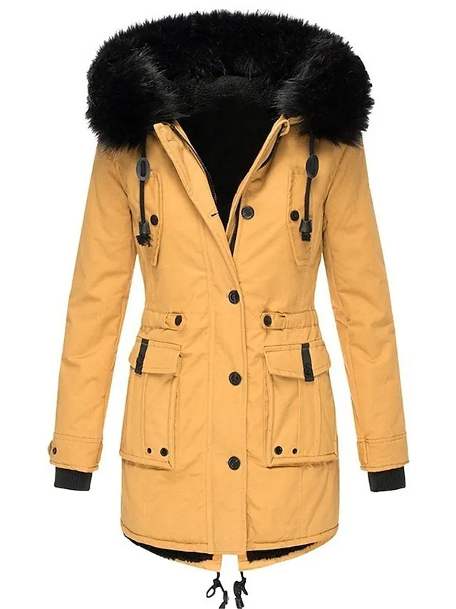 Women's Parka Winter Coat Mid-Length Puffer Jacket with Fur Collar Thermal Warm Heated Jacket Fleece Lined with Pockets Zip up Drwastring Hooded Outerwear Long Sleeve Fall Light Yellow Light Pink