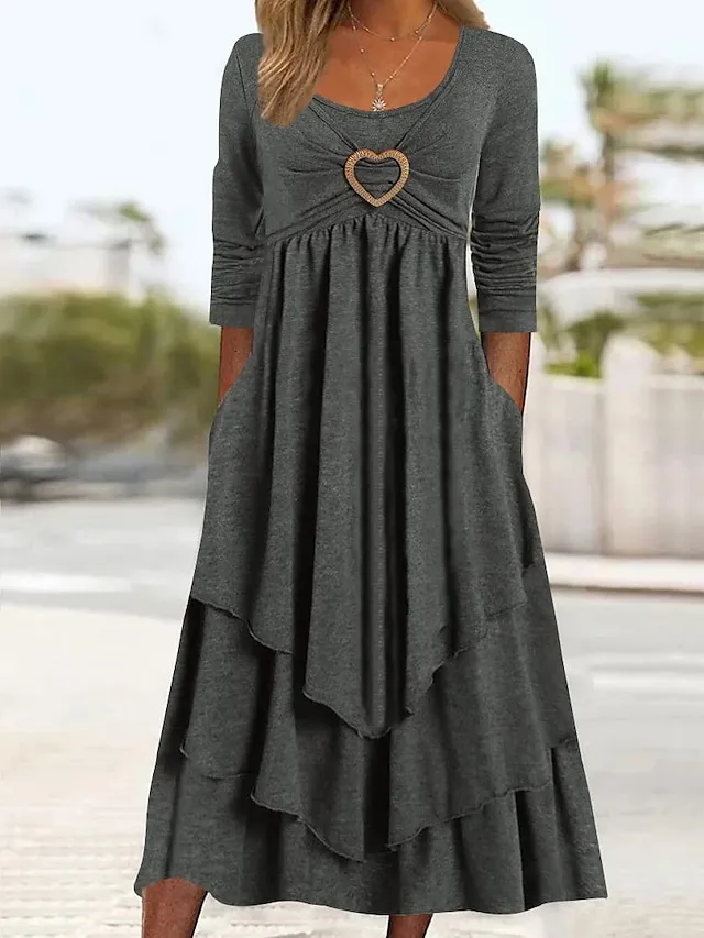 Women's Casual Dress Swing Dress Midi Dress Green Light Grey Dark Gray Long Sleeve Pure Color Ruched Winter Fall Spring U Neck Fashion Vacation 2023 S M L XL XXL 3XL