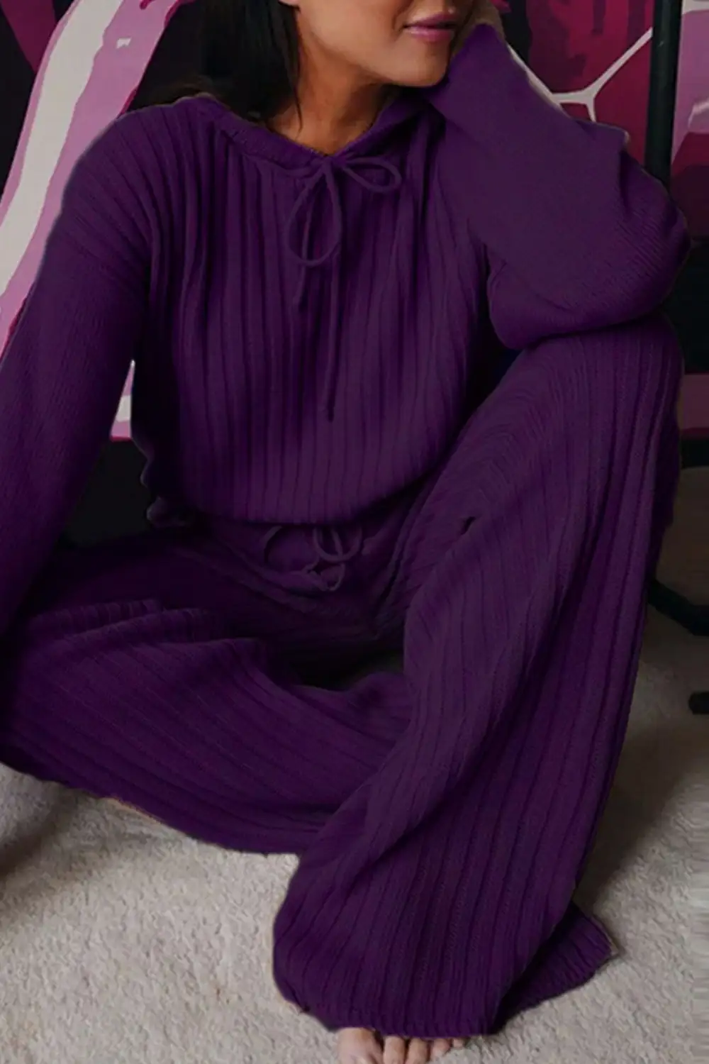 Ribbed Drawstring Hoodie Long Pants Set