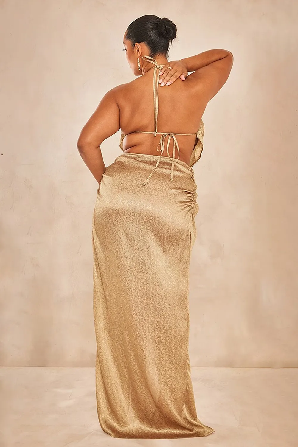 Plus Gold Satin Cowl Neck Maxi Dress