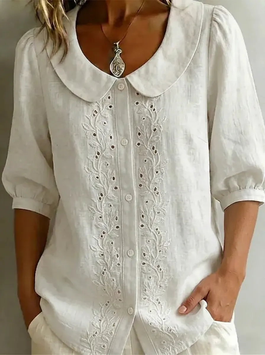 Women's Nashville Floral Embroidery Peter Pan Collar Button-Down Shirt