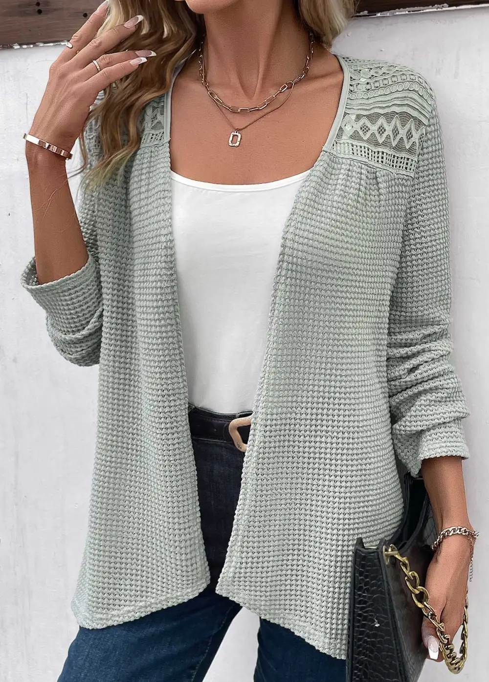 Sage Green Patchwork Long Sleeve Cardigan