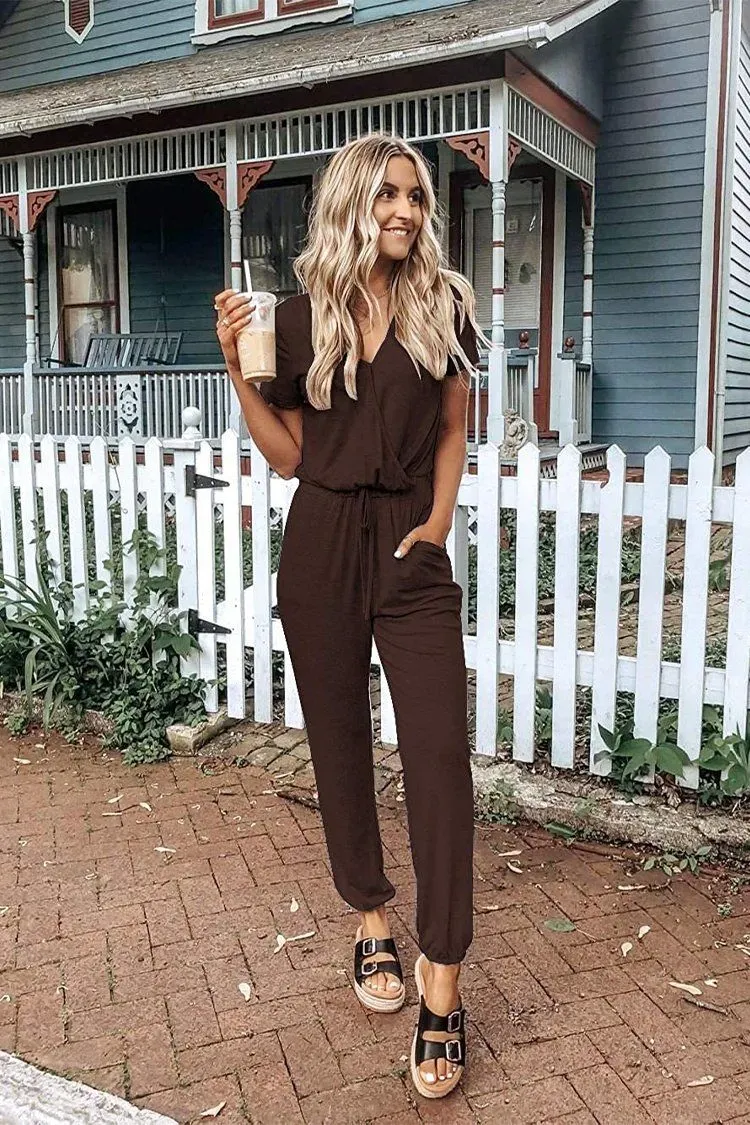 Deep V Neck Wrap Drawstring Waist Jumpsuit