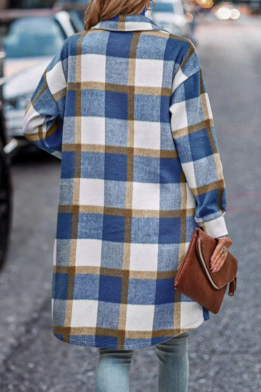 Women's Plaid Shacket 2023 Long Sleeve Button Up Flannel Shirt Winter Tartan Jacket Woolen Coats