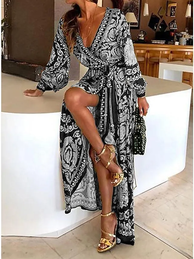 Women's Casual Dress Swing Dress Wrap Dress Long Dress Maxi Dress Blue Yellow Gray Long Sleeve Floral Lace up Winter Fall Spring V Neck Fall Dress 2022 S M L XL XXL 3XL