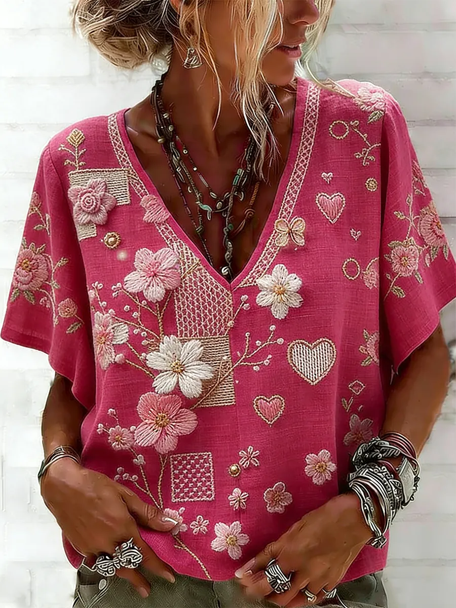 Women's Bohemian Pink Flower Heart Embroidered V-neck Top