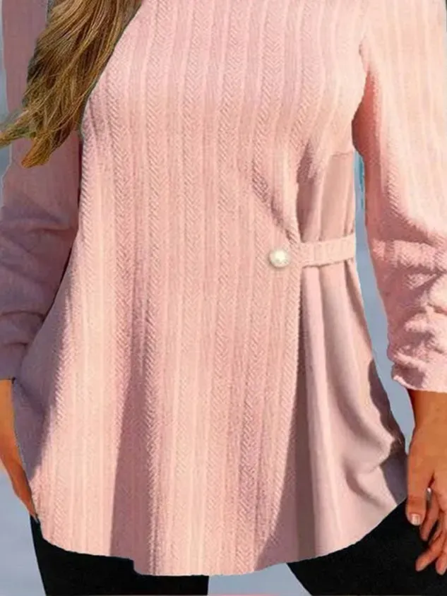 Plus Size Plain Crew Neck Casual Buckle Shirt