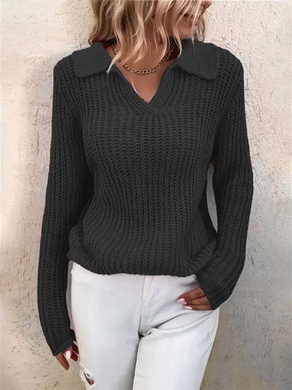 Solid Color Lapel Neck Knit Sweater