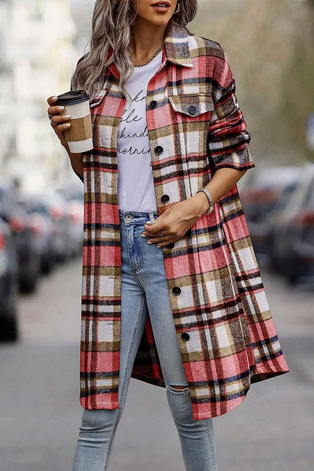 Women's Plaid Shacket 2023 Long Sleeve Button Up Flannel Shirt Winter Tartan Jacket Woolen Coats