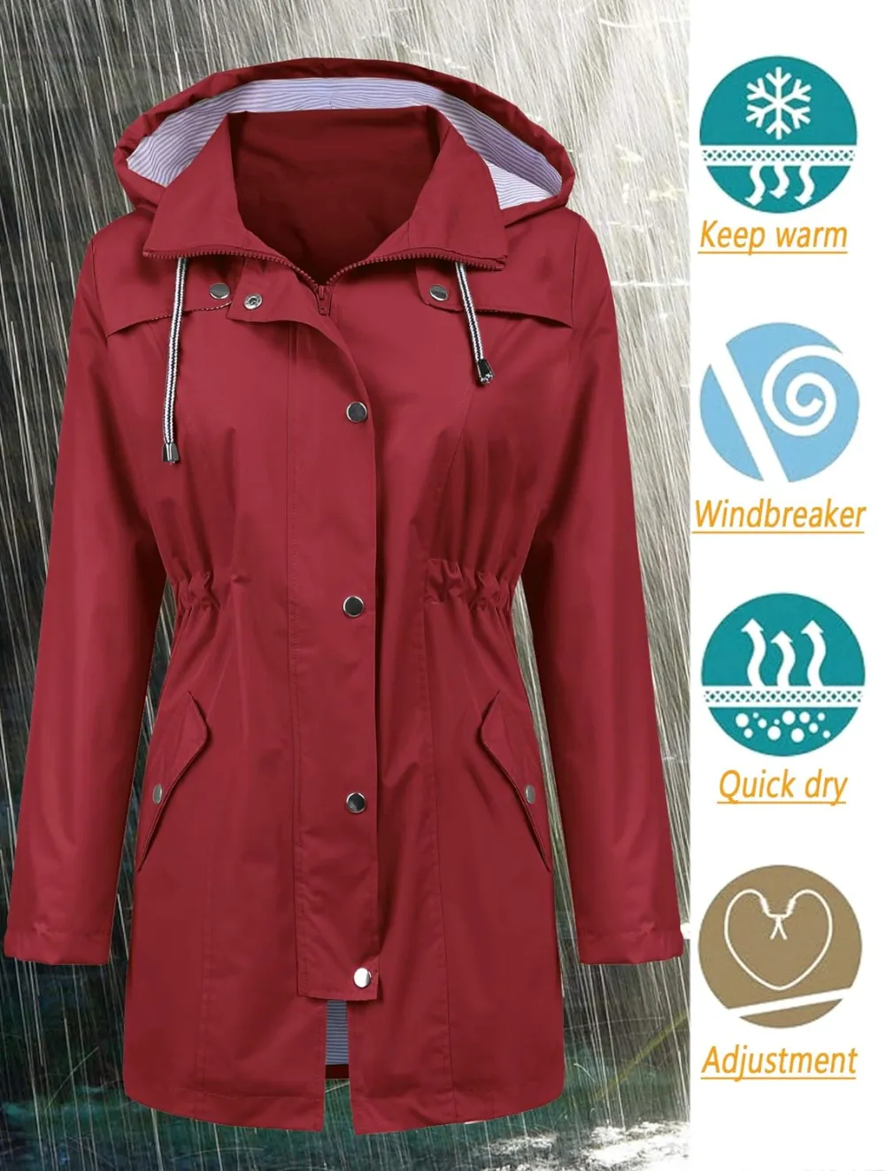 LOMON Raincoat Women Waterproof Long Hooded Trench Coats Lined Windbreaker Travel Jacket S-XXL