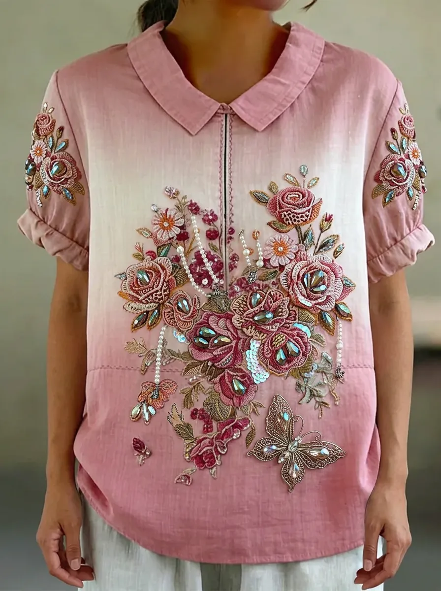 Women's Nashville Floral Butterfly Beaded Embroidered Polo Shirt