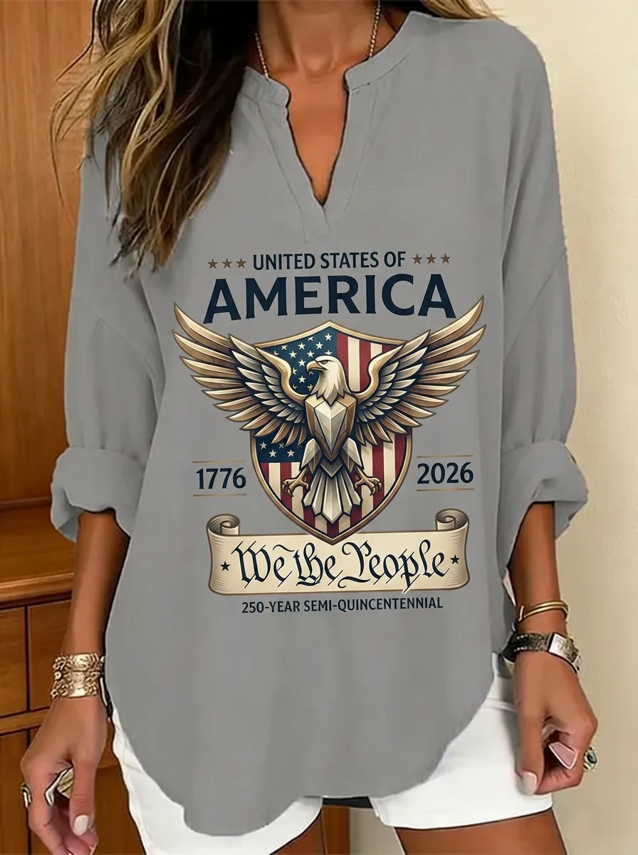 Women's USA Patriotic Eagle We The People Printed V-neck Top