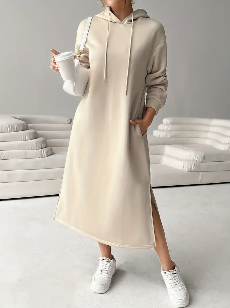 Women's Letter Print Drawstring Hooded Sweatshirt Dress, Long Sleeve Loose Casual Fall Winter Dress