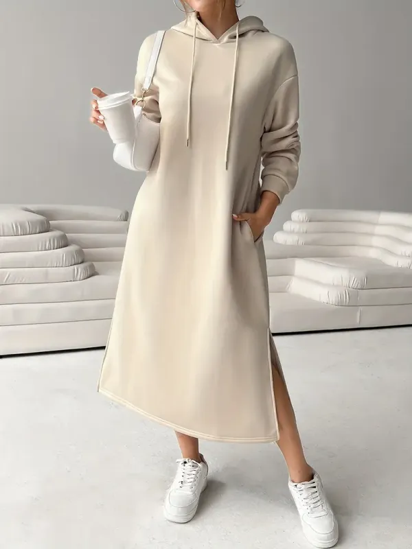 Women's Letter Print Drawstring Hooded Sweatshirt Dress, Long Sleeve Loose Casual Fall Winter Dress