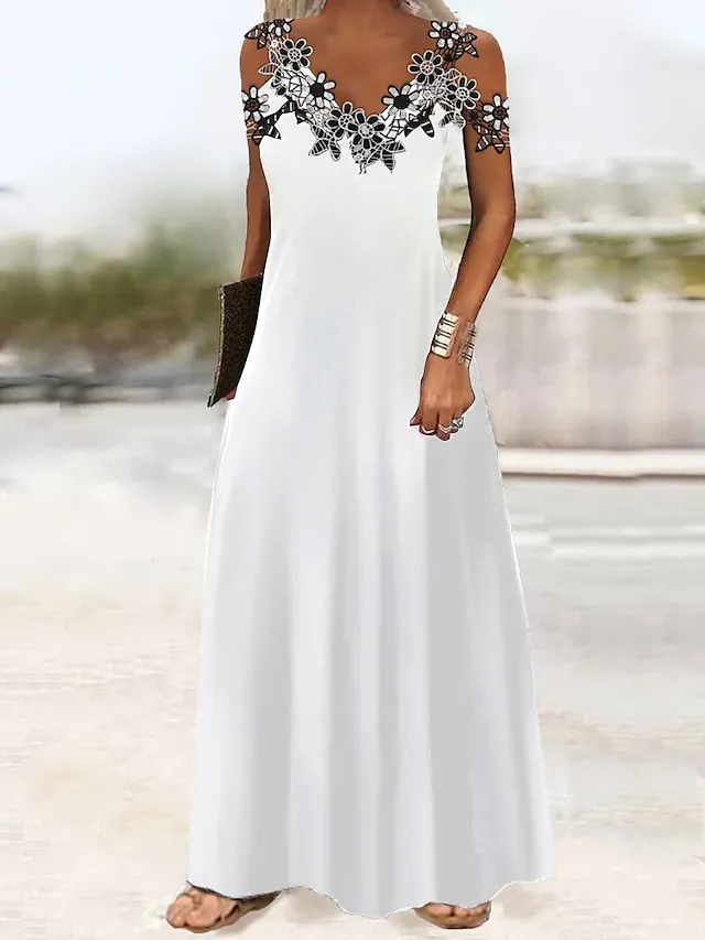 Women's Casual Dress Black Dress A Line Dress Long Dress Maxi Dress Polyester Fashion Casual Outdoor Daily Going out Strap Lace Patchwork Sleeveless Summer Spring 2023 Regular Fit Black White Green
