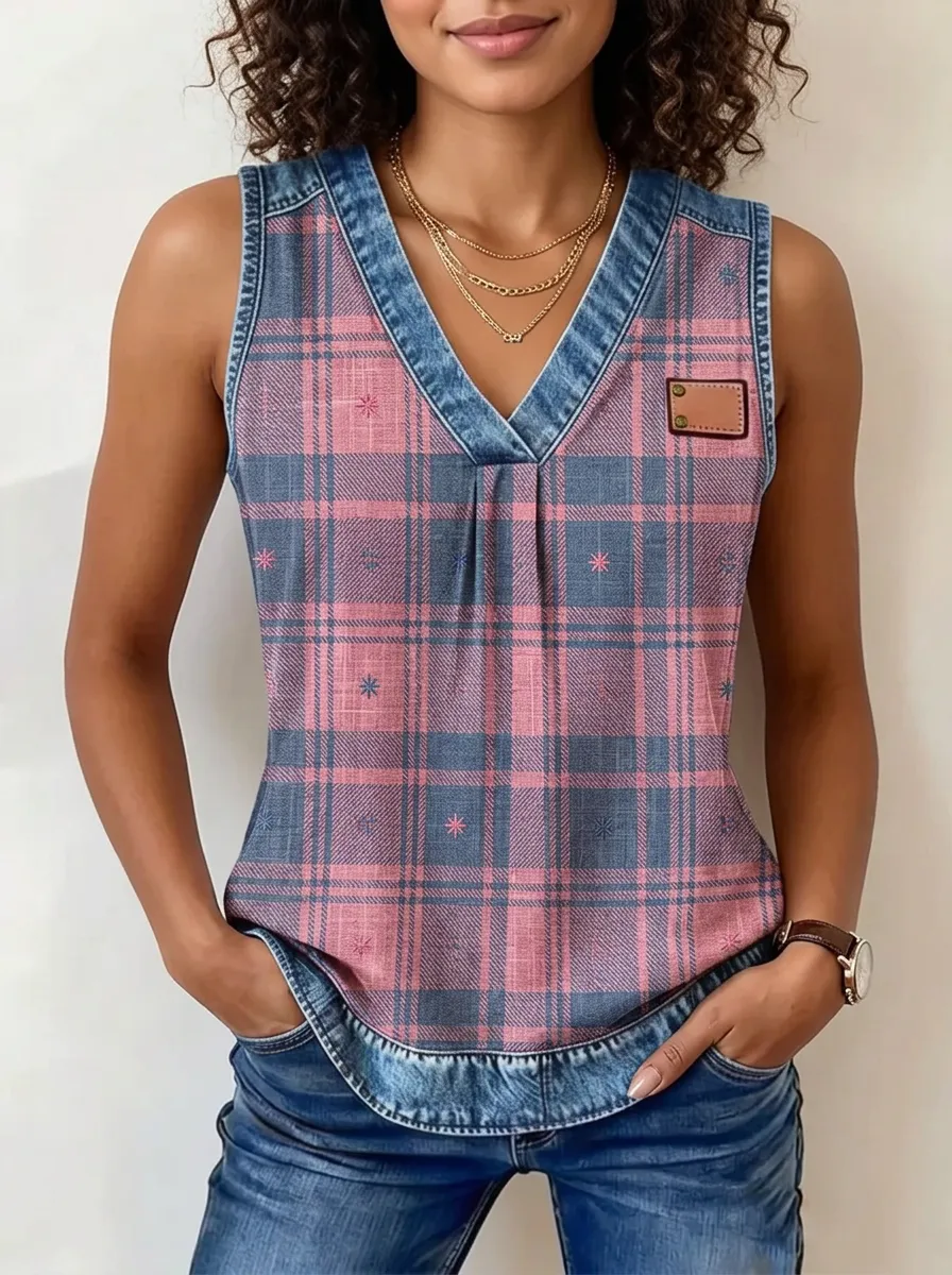 Women's Nashville Country Style Plaid Denim Trim Printed Tank Top