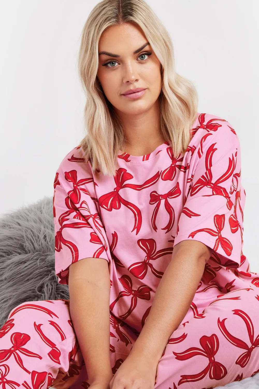 YOURS Curve Pink Bow Print Tapered Pyjama Set