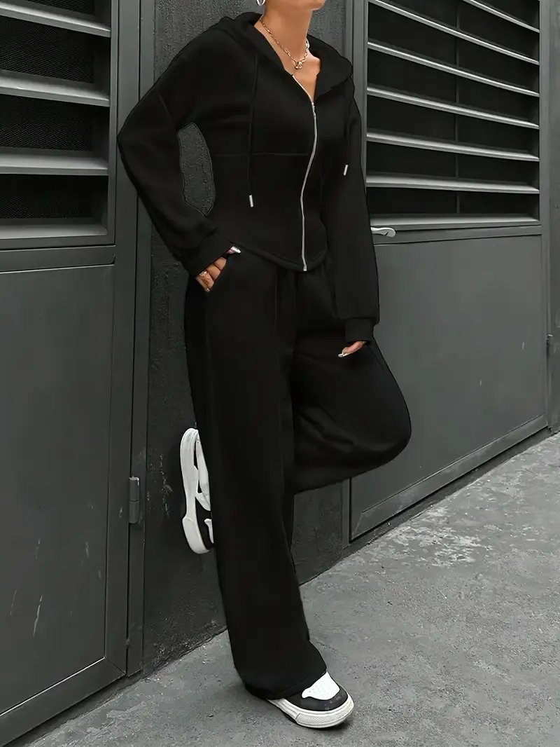 Women's Elegant Solid Color Polyester Hooded Tracksuit Set with Drawstring and Zipper Details – Knit Fabric Pantsuit for All Seasons