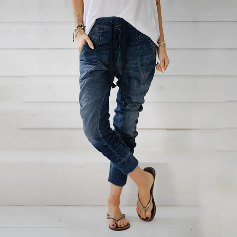 Women's Lace-up Casual Denim Harem Pants In Blue
