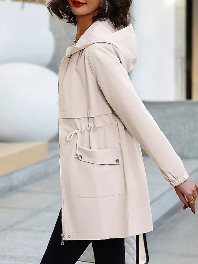 Women's Trench Coat Fall Outdoor Zipper Plain Breathable Streetwear Regular Fit Outerwear Long Sleeve Black M