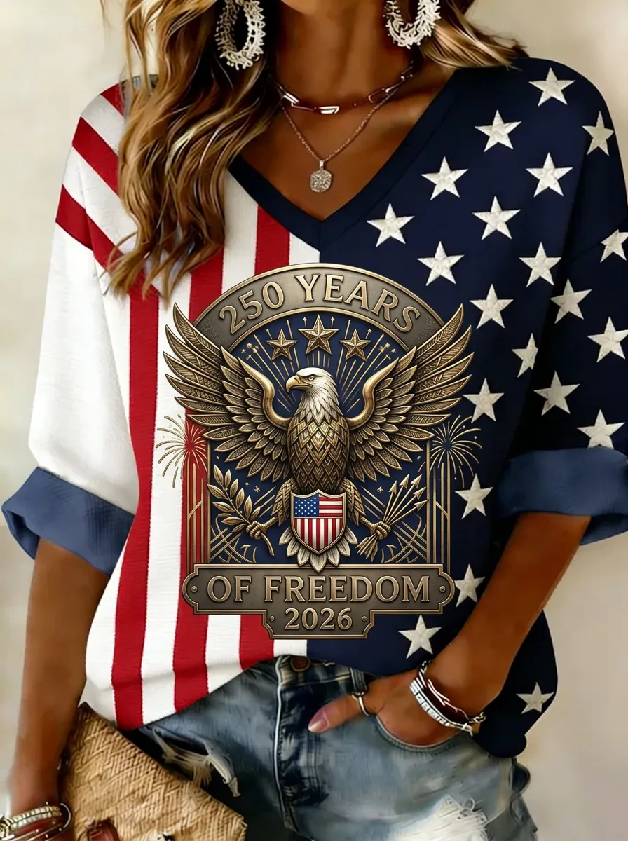 Women's USA Patriotic Eagle 250 Years Freedom Printed V-neck Top
