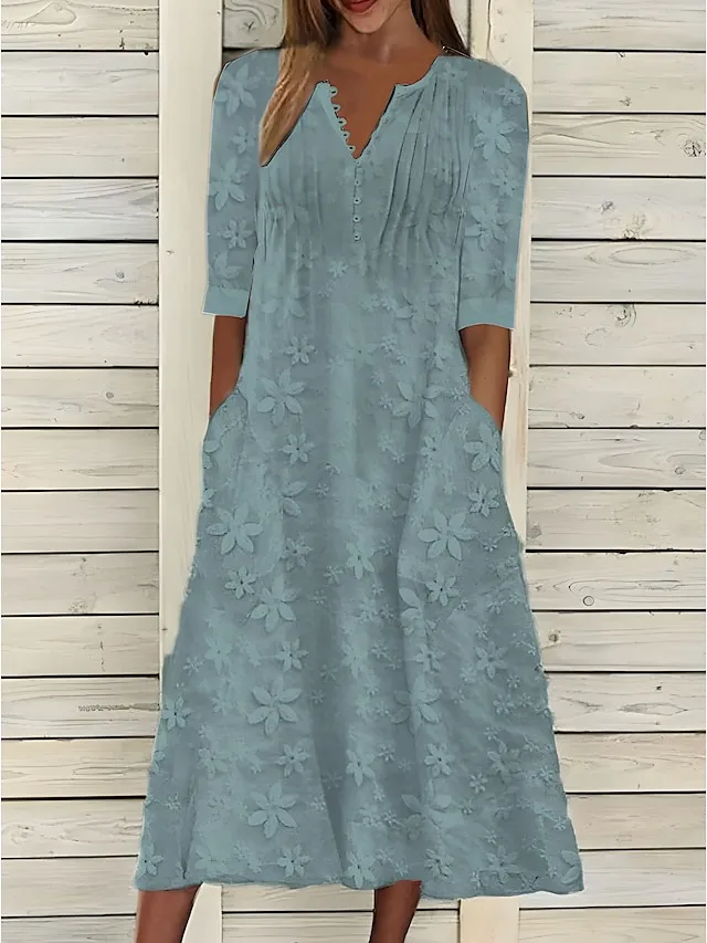 Women's Cotton Linen Dress Casual Dress Midi Dress Cotton Casual Mature Outdoor Daily Vacation V Neck Ruched Pocket Half Sleeve Summer Spring Fall 2023 Loose Fit White Blue Green Plain S M L XL 2XL