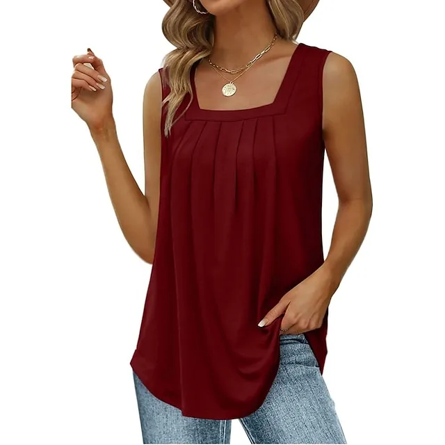 Tank Women's Wine Red Black White Solid / Plain Color Pleated Daily Basic Square Neck S