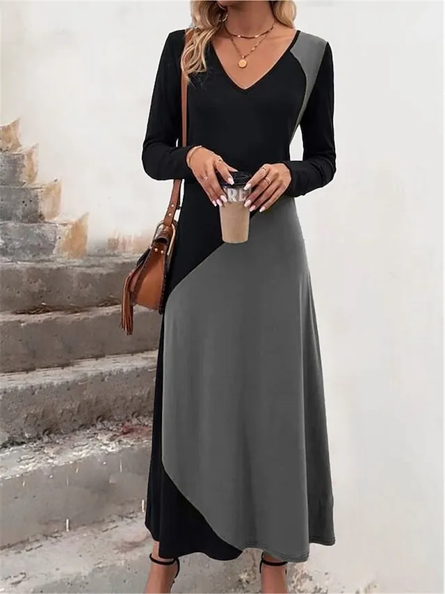 Women's T Shirt Dress Tee Dress A Line Dress Geometric Color Block Print Pocket Lace Up Neck Long Dress Maxi Dress Fashion Streetwear Outdoor Daily Long Sleeve Regular Fit Black Yellow Pink Spring