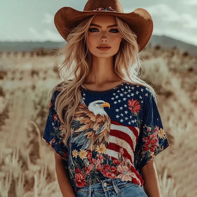 Women's Independence Day Floral And Eagle Art Crew Neck T-shirt