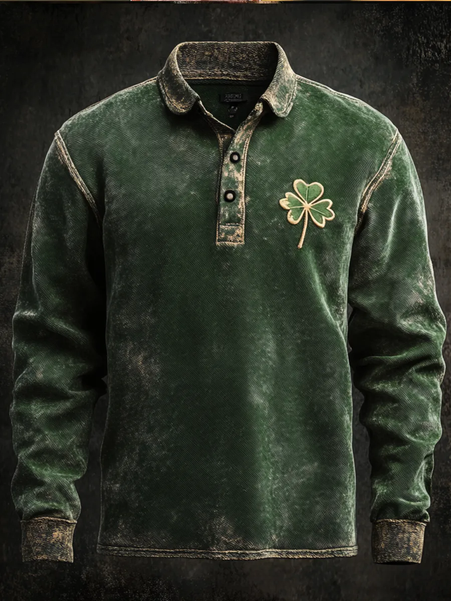 St. Patrick's Day Green Shamrock Art Print Long Sleeve Polo Shirt